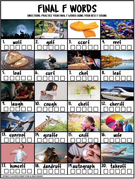 120 Final F Words Speech Therapy Free Articulation Lists Speech Therapy Store