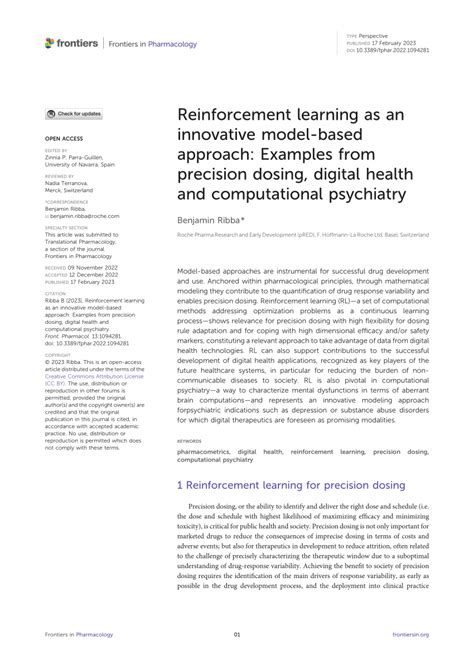 Frontiers Reinforcement Learning As An Innovative Model Based Approach Examples From Precision Dosing Digital Health And Computational Psychiatry