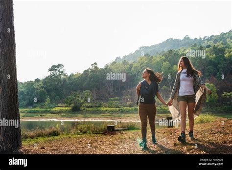Girls Friends Exploring Outdoors Nature Concept Stock Photo Alamy